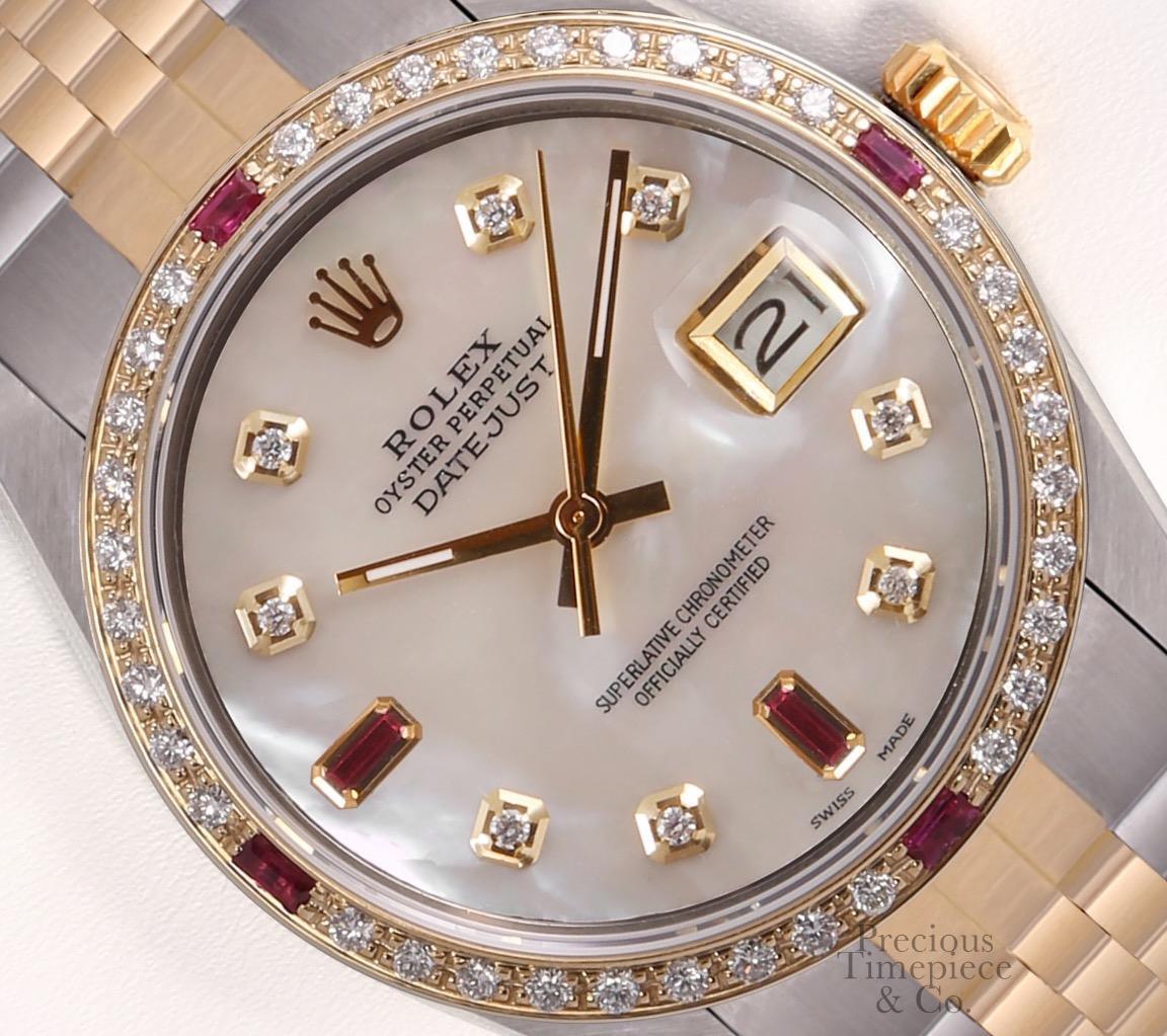 Rolex Men Datejust 36mm Two Tone SS/18k Ruby Diamond Bezel-White MOP Ruby Dial