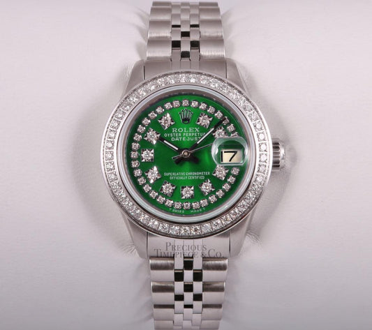 Rolex Lady Datejust 26mm Stainless Steel-Green String Diamond Dial-Diamond Bezel