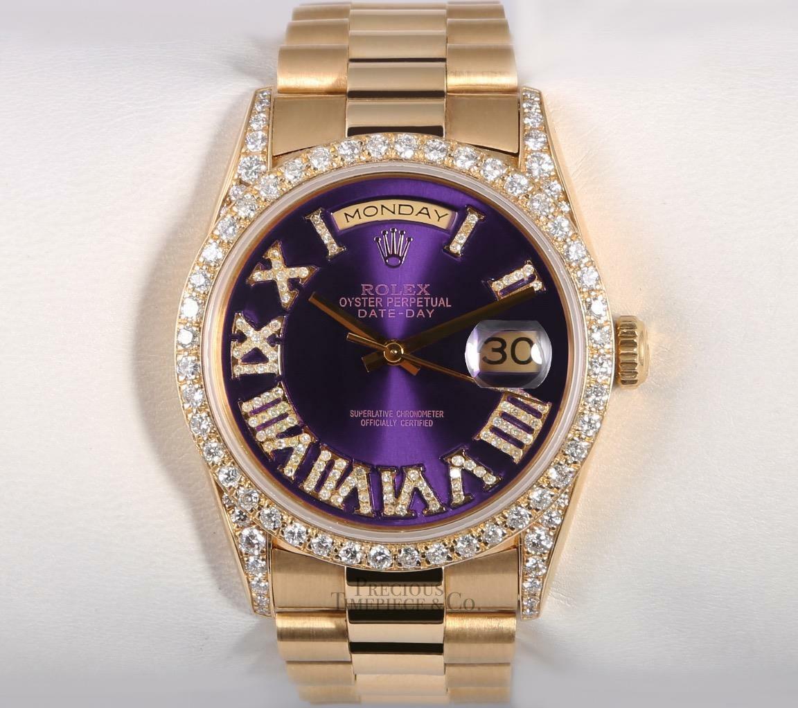 Rolex 36mm Day-Date 18038 18k Gold-Purple Roman Dial-Diamond Lugs-Diamond Bezel