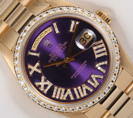 Rolex Day-Date 18038 President 36mm 18k-Purple Roman Diamond Dial-Diamond Bezel