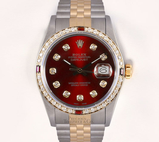 Rolex Mens Datejust Two Tone 36mm Watch 18k Ruby Diamond Bezel-Red Diamond Dial