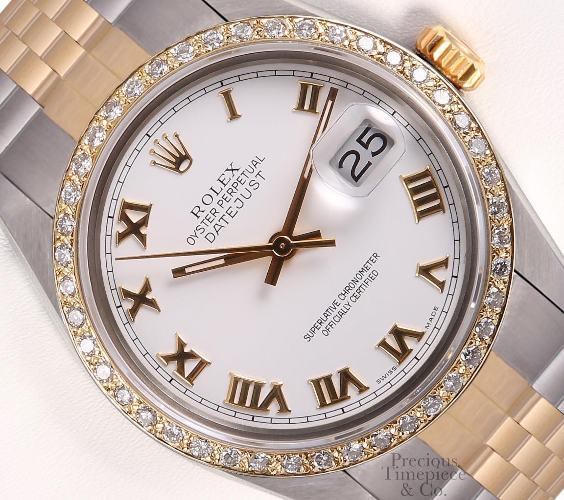 Rolex Datejust Two Tone Gold/SS 18k Diamond Bezel-White Roman Dial 36mm Watch