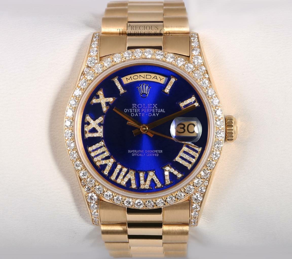 Rolex Men Day-Date 18038 36mm 18k-Blue Roman Dial-Diamond Lugs-Diamond Bezel