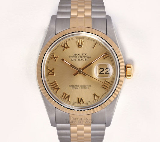 Rolex Datejust Two Tone 36mm SS/18k Fluted Bezel Champagne Roman Dial