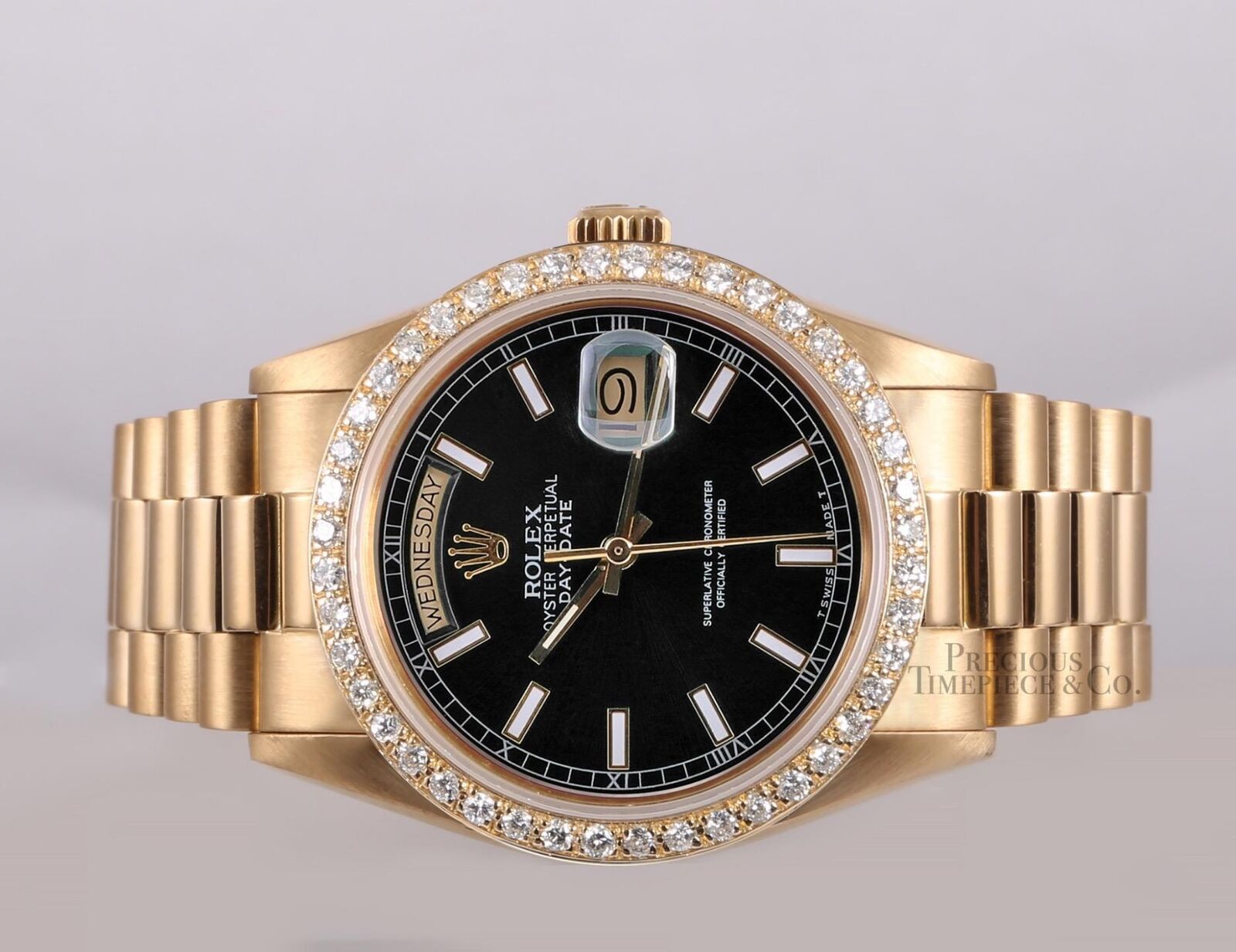 Rolex Day-Date 18238 Presidential 18k Gold Diamond Bezel 36mm-Black Stick Dial