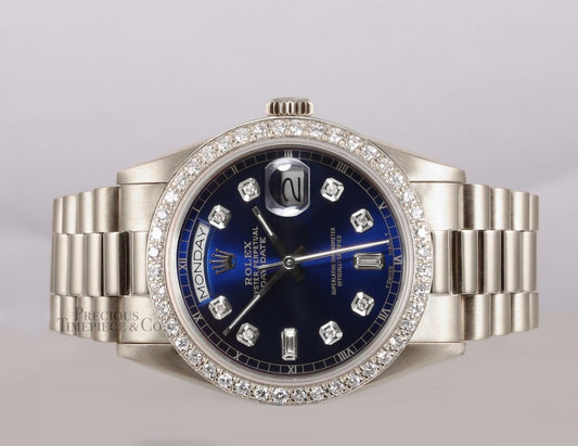 Rolex Day-Date 18239 Presidential 18k White Gold 36mm-Blue Dial-Diamond Bezel