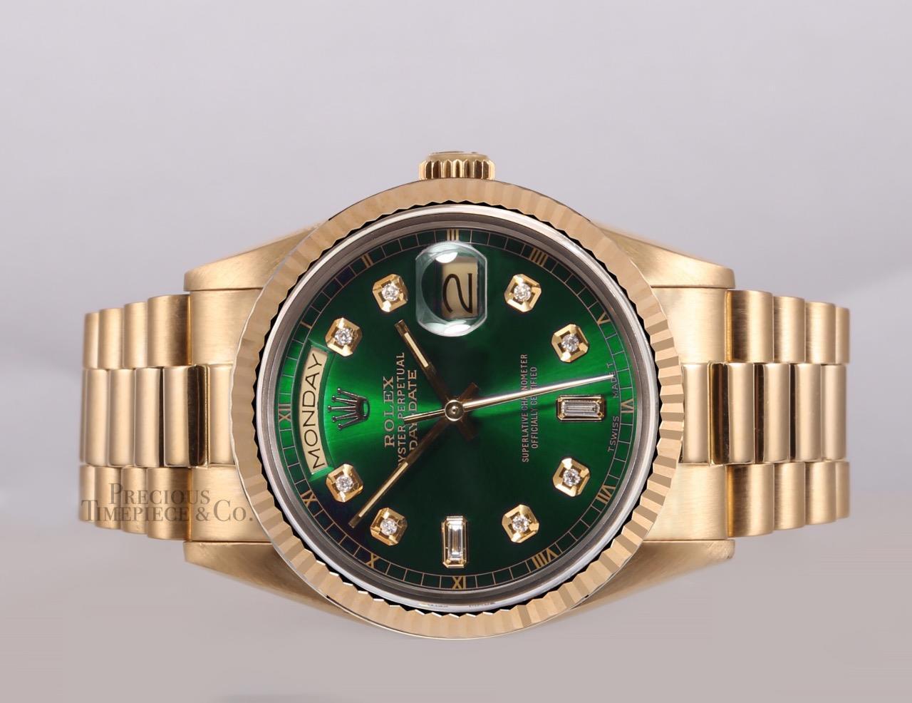 Rolex Day-Date President Solid 18k Gold 18038 Watch -Baguette Diamond Green Dial