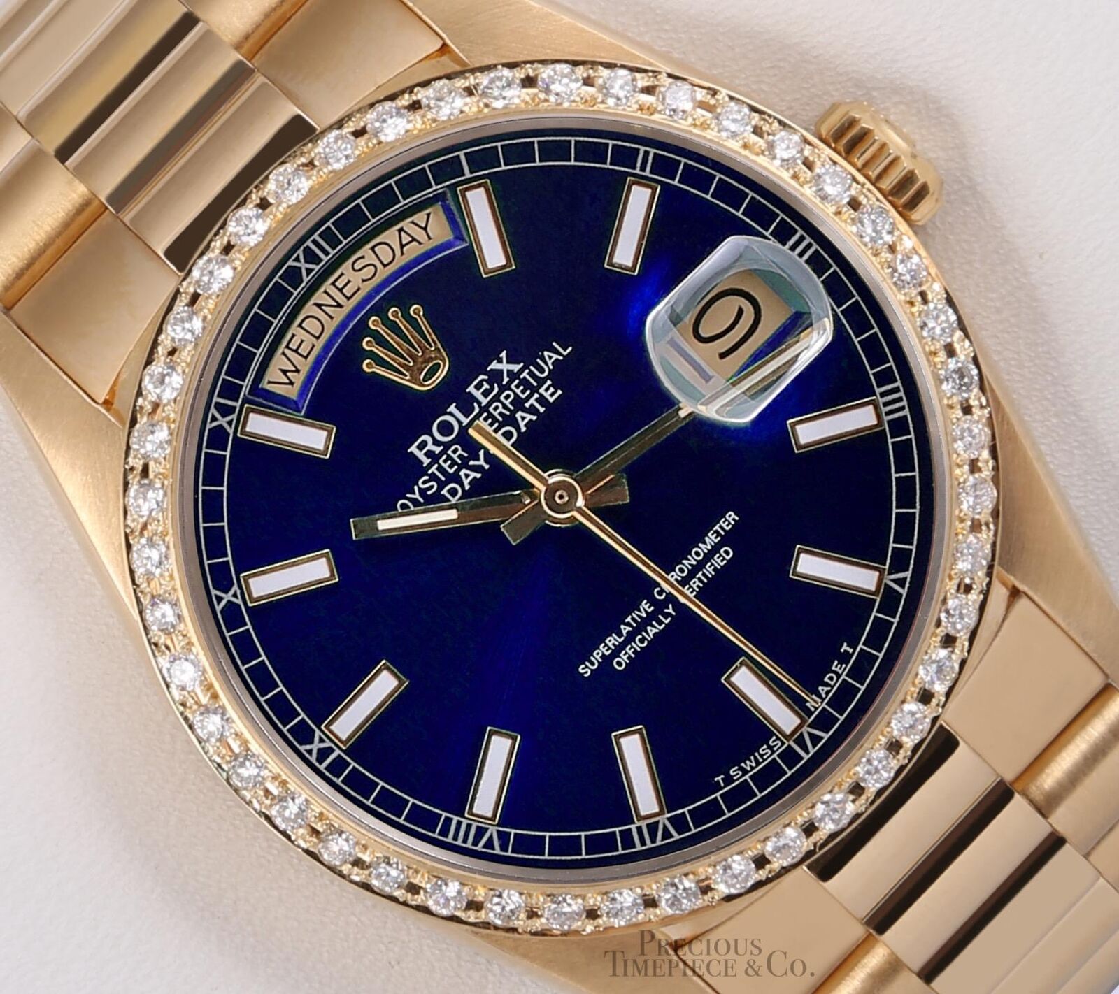 Rolex Day-Date 18038 Presidential 18k Gold Diamond Bezel 36mm-Blue Stick Dial