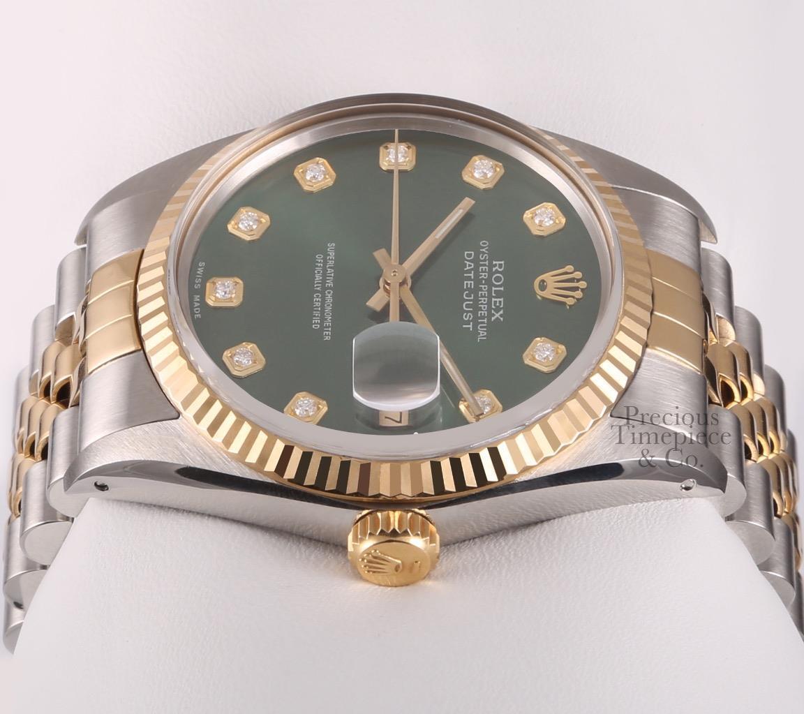 Rolex Men Datejust Two Tone 36mm Steel-18k Fluted Bezel-Green Diamond Dial