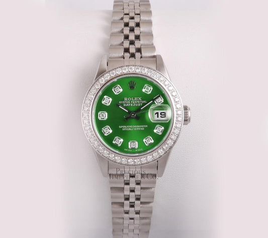 Rolex Lady Datejust Stainless Steel 26mm Watch-Green Diamond Dial-Diamond Bezel