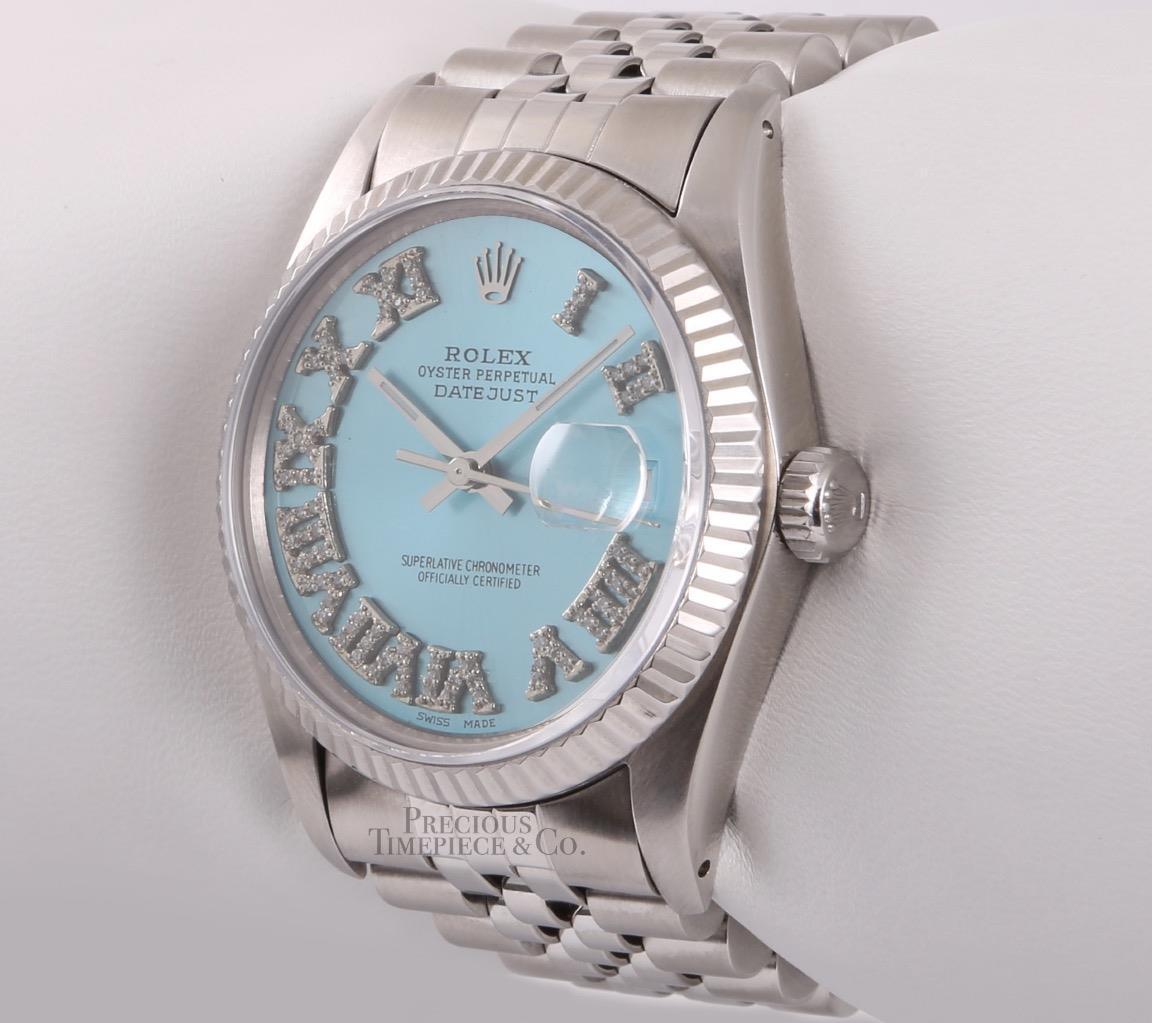 Rolex Datejust Stainless Steel 36mm-18k Fluted Bezel-Ice Blue Roman Diamond Dial