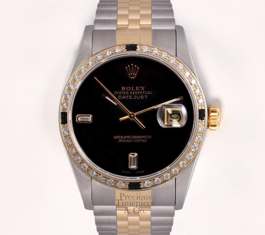 Rolex Men Datejust Two Tone 36mm 18k Sapphire Diamond Bezel-Onyx Baguette Dial