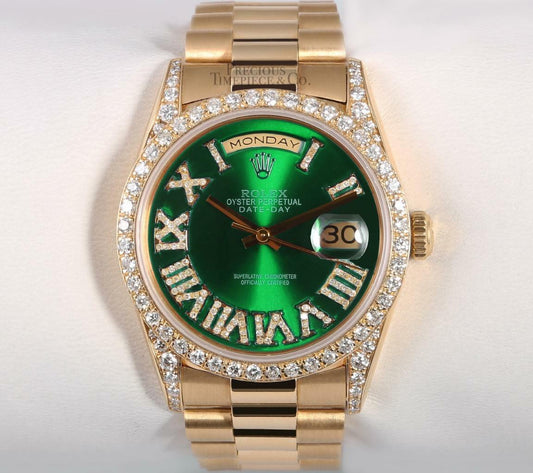 Rolex President Day-Date 18238-Diamond Bezel-Green Diamond Roman-Diamond Lugs