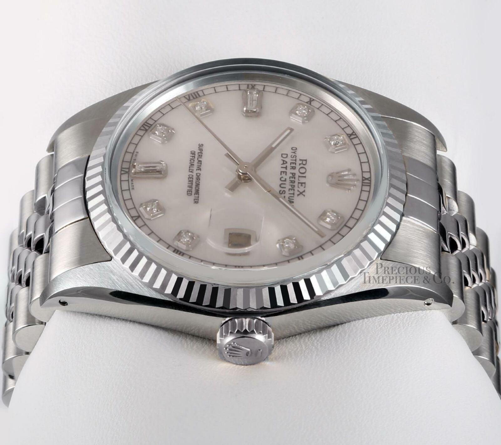 Rolex Men Datejust 36mm Steel Watch Fluted Bezel-White MOP Baguette Diamond Dial