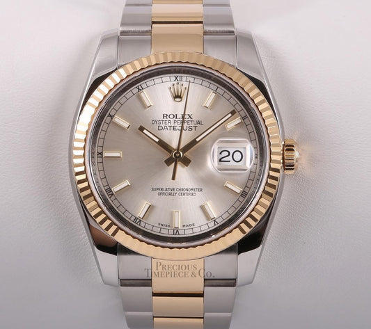 Rolex Datejust 116233 Two Tone Oyster 36mm 18k Fluted Bezel Silver Stick Dial