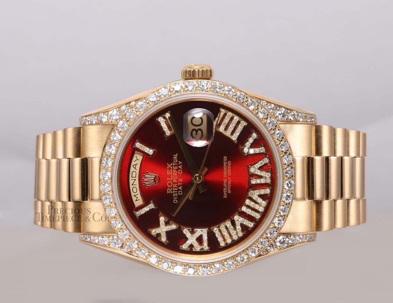 Rolex Day-Date 18238 36mm 18k Gold-Red Roman Dial-Diamond Lugs-Diamond Bezel