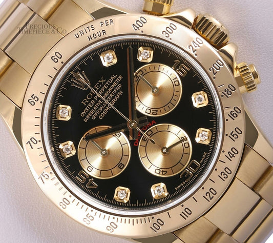 Rolex Daytona 116528 18k Yellow Gold 40mm Custom Black Paul Newman Diamond Dial-