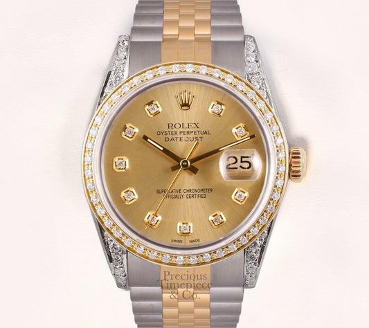 Rolex Datejust Two Tone Steel 18k Diamond Bezel-Diamond Lug-Gold Diamond Dial