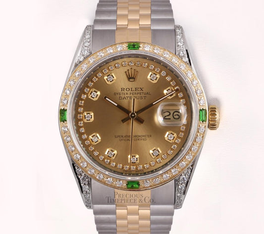 Rolex Datejust 36mm Champagne String Dial-18k Emerald Diamond Bezel-Diamond Lug