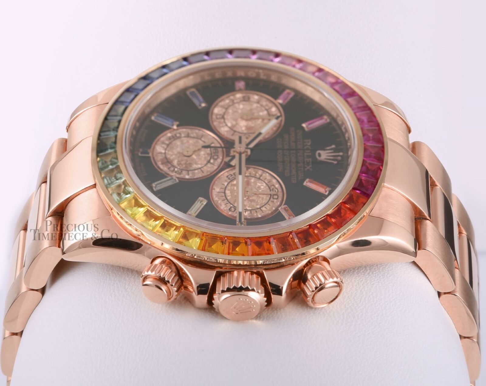 Rolex Mens Daytona 116505 18k Rose Gold 40mm Custom Black Dial Rainbow Bezel