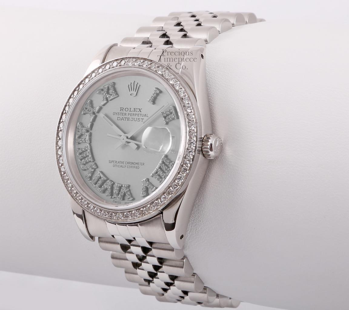 Rolex Datejust Stainless Steel 36mm Watch-Gray Roman Diamond Dial-Diamond Bezel