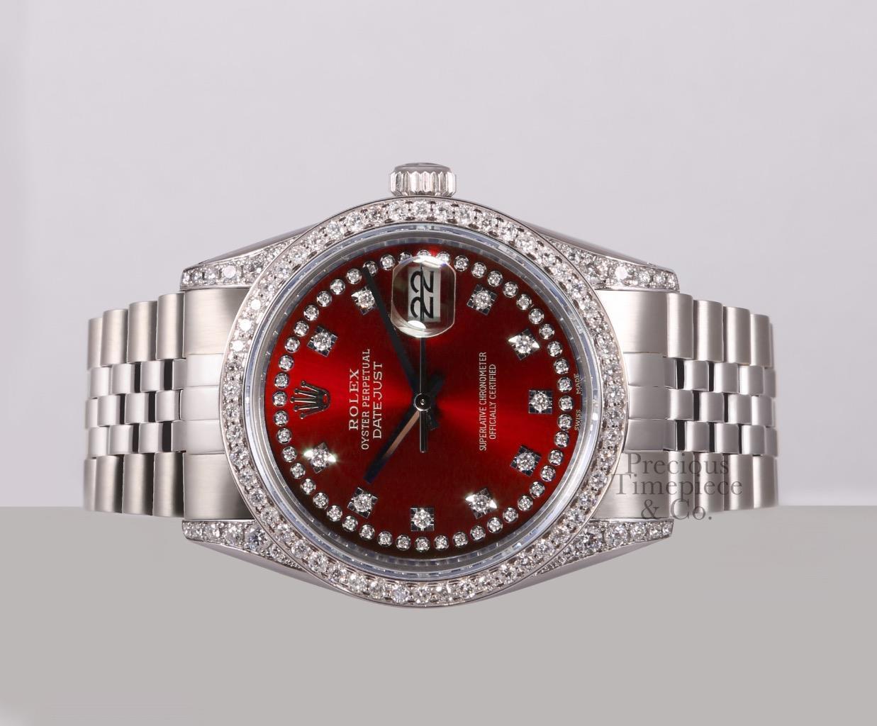 Rolex Datejust S/Steel 36mm-Red Diamond String Dial-Diamond Lugs-Diamond Bezel