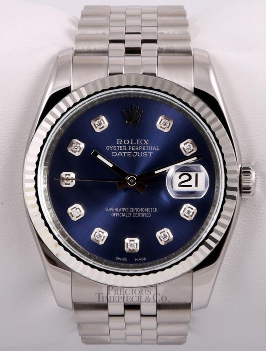 Rolex Datejust Stainless Steel 36mm Jubilee-18k Fluted Bezel-Navy Diamond Dial