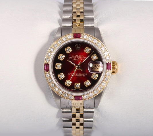 Rolex Lady Datejust 26mm 2 Tone 18k Ruby Diamond Bezel-Red Vignette Diamond Dial