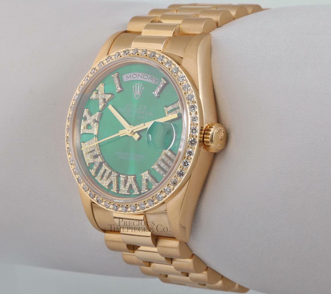 Rolex President 18238 Day Date 18k-Green Roman Diamond Dial-Diamond Bezel 36mm