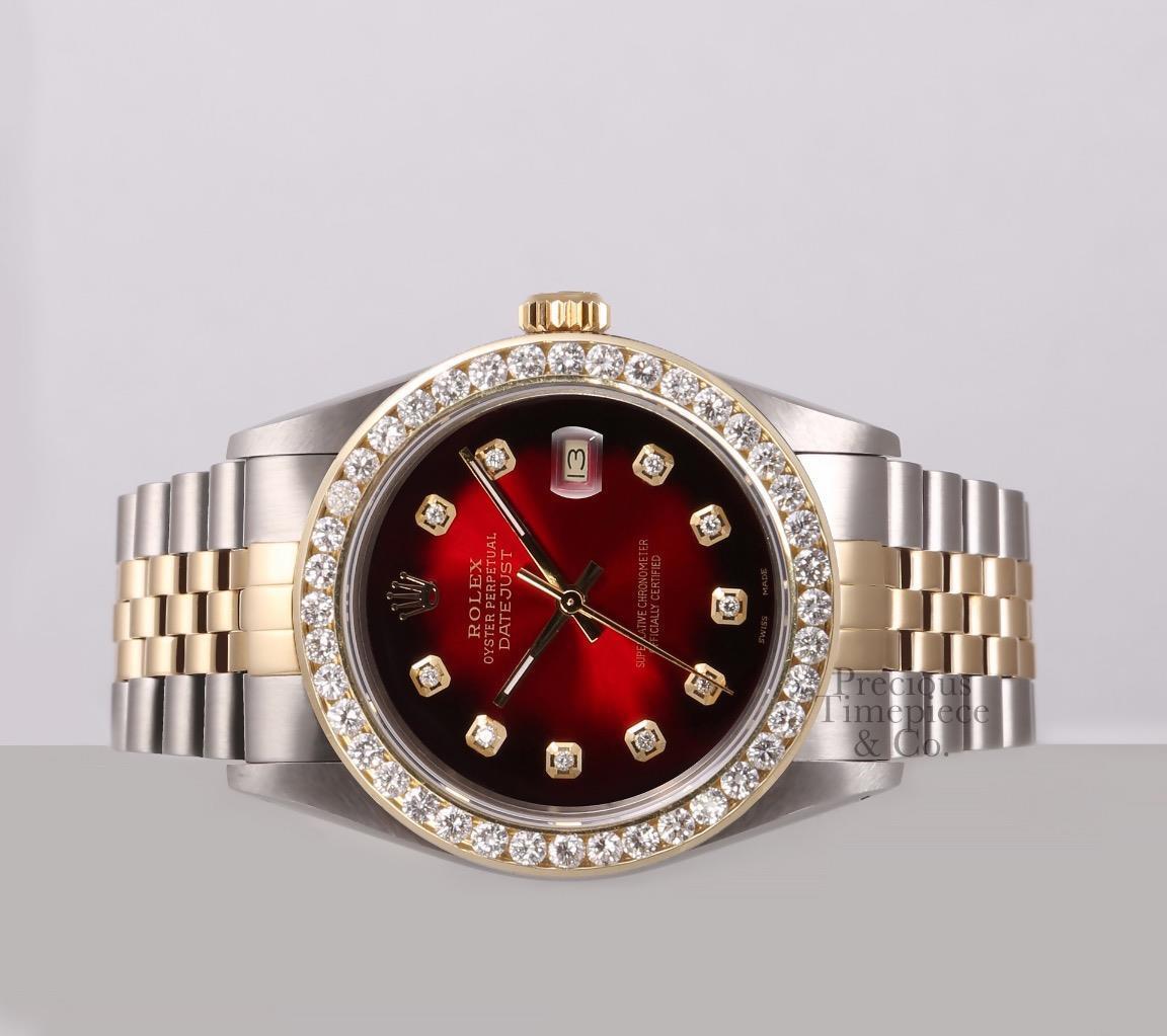 Rolex Datejust S/Steel 18k Gold 3CT Diamond Bezel 36mm-Red Vignette Diamond Dial