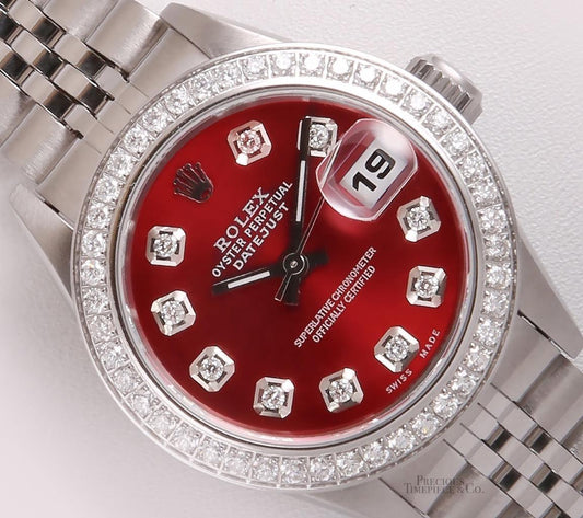 Rolex Ladies Datejust Stainless Steel 26mm Watch-Red Diamond Dial-Diamond Bezel