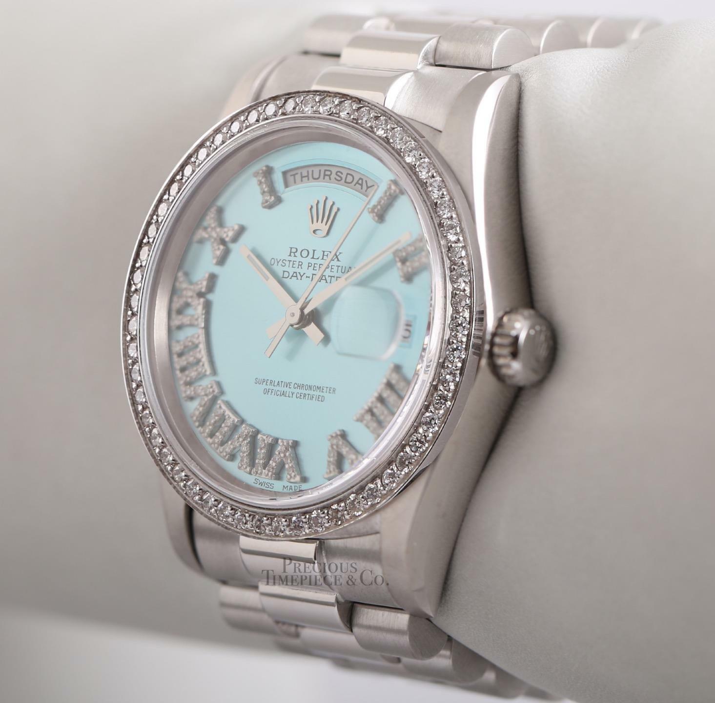 Rolex Mens Day-Date 36mm 18239 18k White Gold-Diamond Bezel-Ice Blue Roman Dial