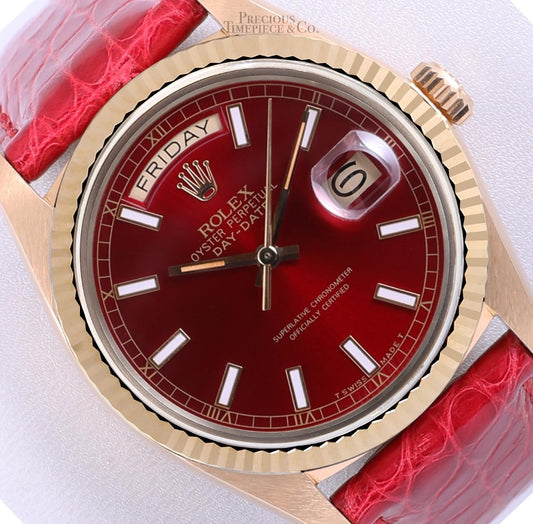 Rolex Men Day-Date 36mm President 18k Gold 18238-Red Stick Dial-Red Leather Band