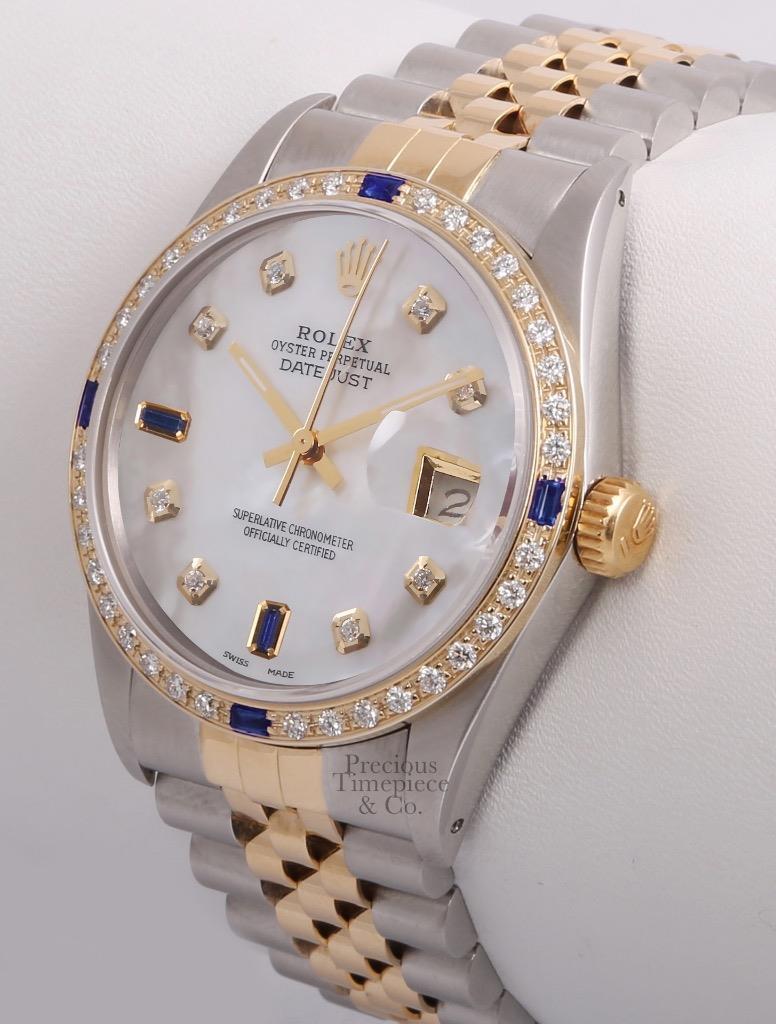 Rolex Datejust Two Tone Steel 18k Sapphire Diamond Bezel-White MOP Diamond Dial