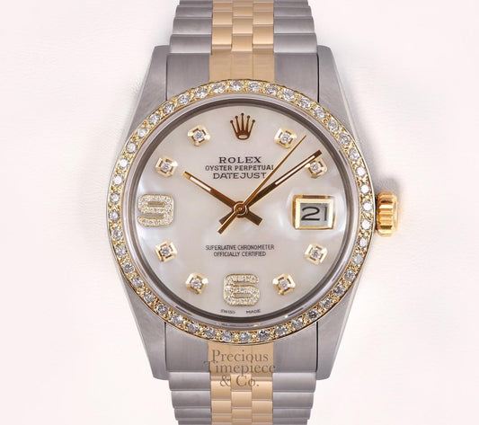 Rolex Datejust Two Tone 36mm 18k Diamond Bezel-White MOP Diamond 6&9 Dial