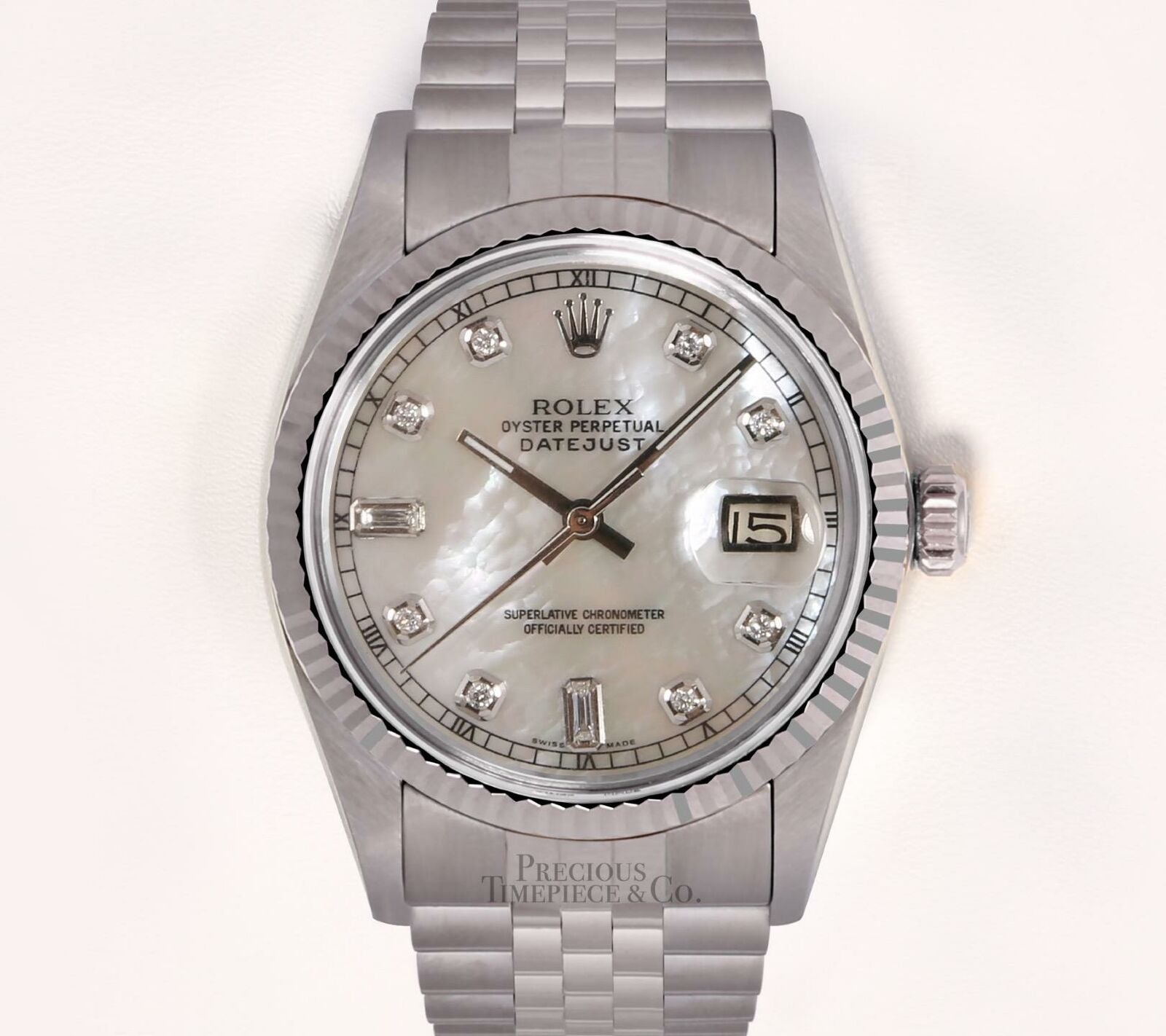 Rolex Men Datejust 36mm Steel Watch Fluted Bezel-White MOP Baguette Diamond Dial