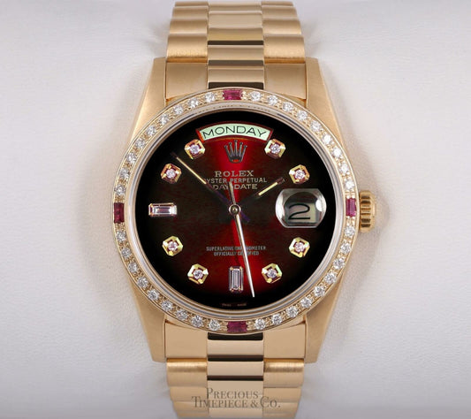 Rolex Day-Date 18038 President 36mm 18k Diamond & Ruby Bezel-Red Vignette Dial