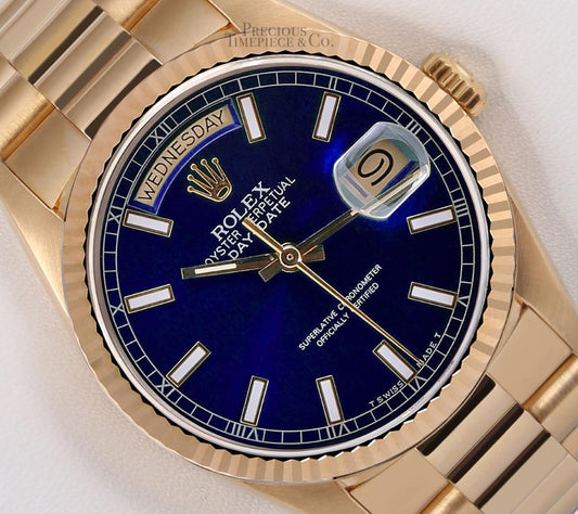 Rolex Men Day-Date 18238 Presidential-18k Gold Fluted Bezel 36mm-Blue Stick Dial