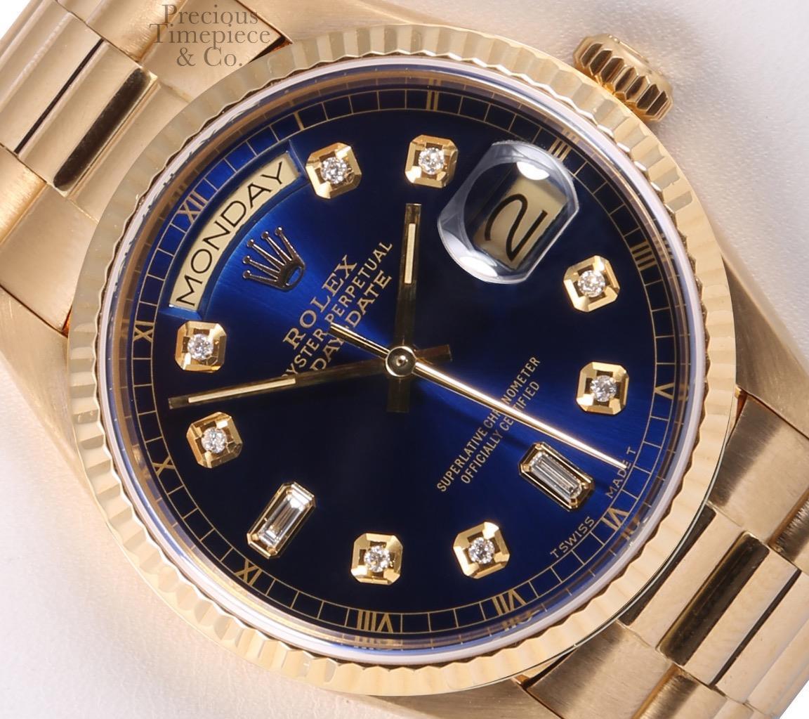 Rolex 18k Gold Day-Date 18238 President 36mm-Blue Diamond Dial- 18k Fluted Bezel