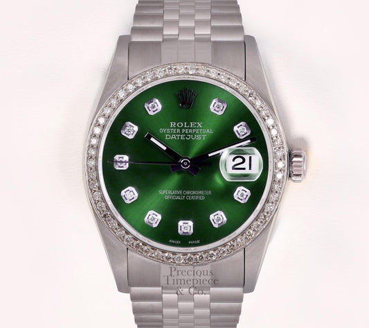 Rolex Datejust Stainless Steel 36mm Watch-Green Diamond Dial-Diamond Bezel-Box