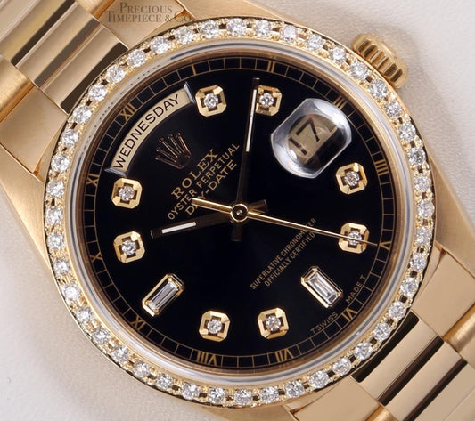 Rolex President 18k Yellow Gold 18038 Black Baguette Diamond Dial Diamond Bezel