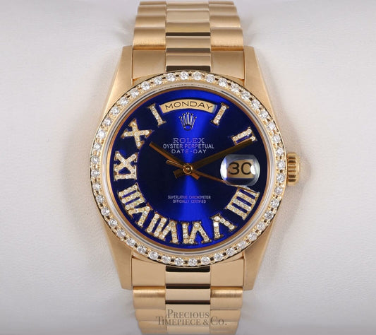 Rolex Day-Date 18038 36mm Presidential 18k-Blue Diamond Roman Dial-Diamond Bezel