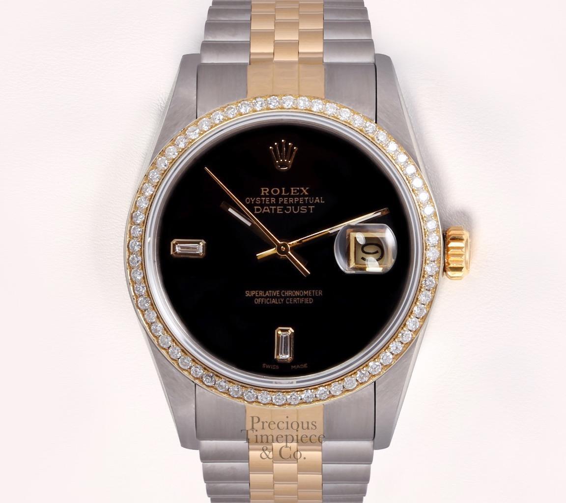 Rolex Datejust Two Tone S/Steel 18k Diamond Bezel 36mm Watch-Onyx Baguette Dial