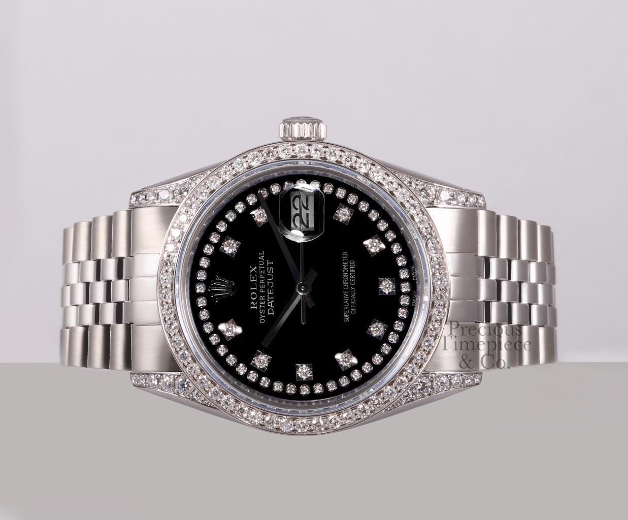 Rolex Datejust S/Steel 36mm-Diamond String Black Dial-Diamond Lugs-Diamond Bezel