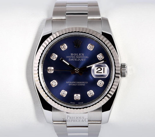 Rolex Datejust Stainless Steel 36mm Oyster-18k Fluted Bezel-Navy Diamond Dial