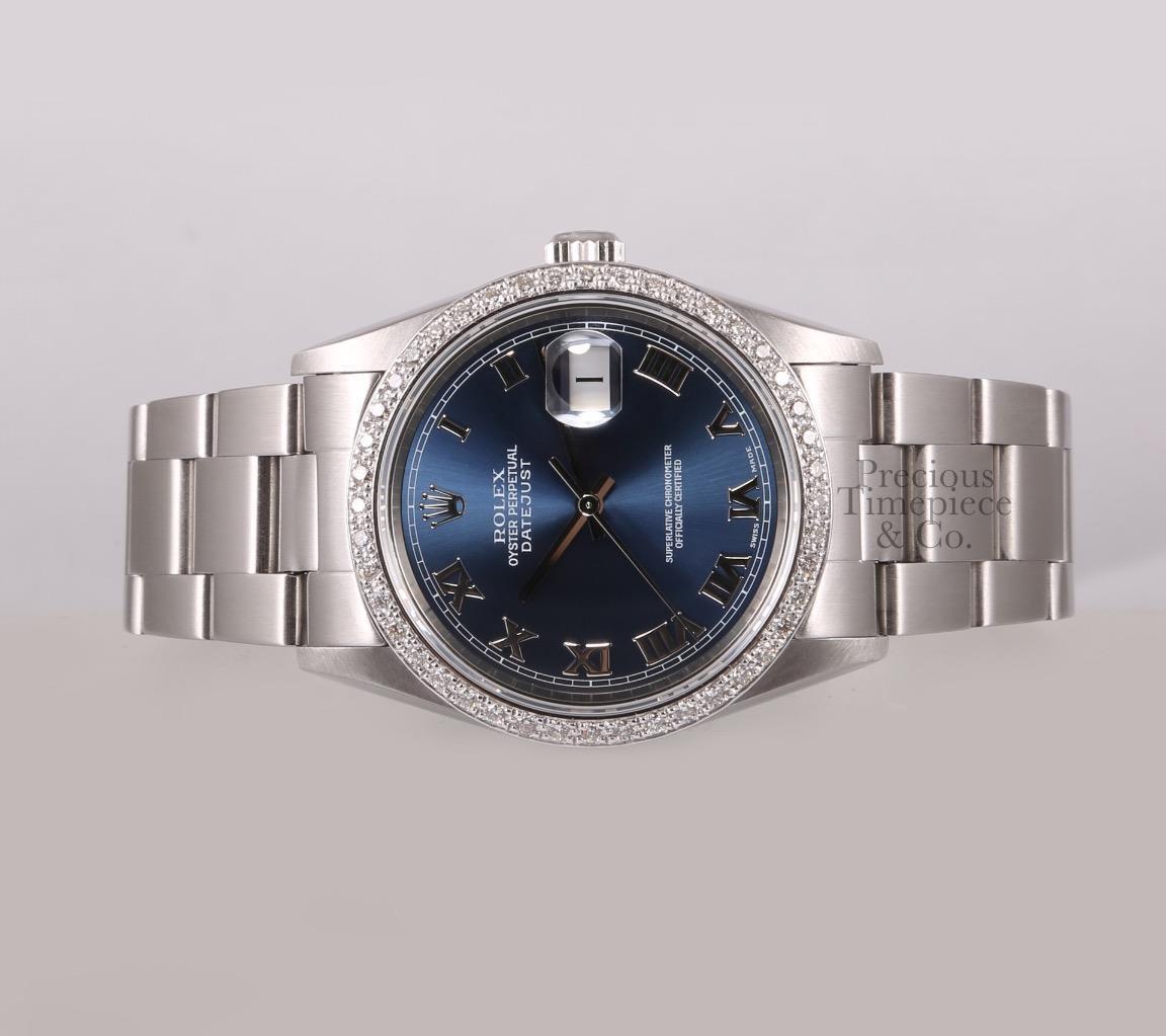 Rolex Datejust S/Steel 36mm Oyster Perpetual Watch-Navy Roman Dial-Diamond Bezel