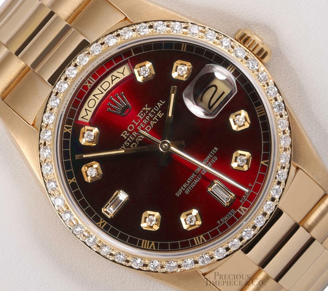 Rolex Day-Date 18038 President 18k Gold-Red Baguette Diamond Dial-Diamond Bezel