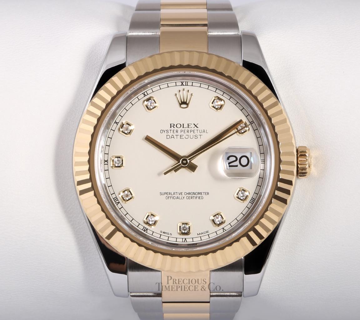 Rolex Men Datejust II Oyster 116333 18k Two Tone 41mm Ivory Diamond Dial-Fluted