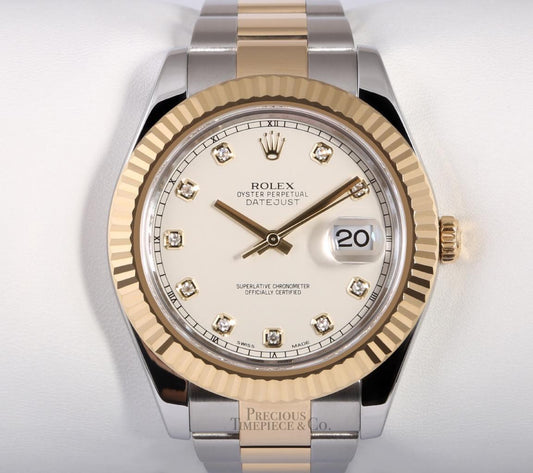 Rolex Men Datejust II Oyster 116333 18k Two Tone 41mm Ivory Diamond Dial-Fluted