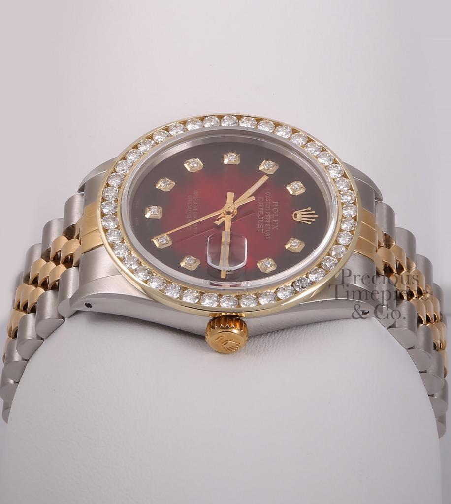 Rolex Datejust S/Steel 18k Gold 3CT Diamond Bezel 36mm-Red Vignette Diamond Dial